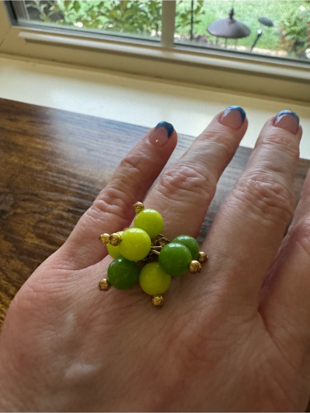 Vintage Gold Tone Green Cluster Bead Dangle Ring | Adjustable Size 6-8